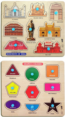 VINMOT Mini Wooden Shape, Colors & Monuments Puzzle with Knobs, Educational Game(2 Pieces)