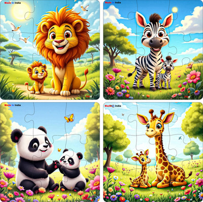 Fiddlys Wooden Jigsaw Puzzle Games for Kids -9 Pieces Age 3+ (Pack of 4 Wild Animal)(9 Pieces)