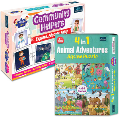 BOOKFORD 4 in 1 Animal Adventure & Community Helpers | Set of 2(144 Pieces)