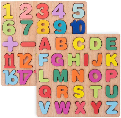 KIDOLOGY Preschool Educational Learning Alphabet and Number Wooden Puzzles for Toddlers(2 Pieces)