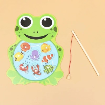 Plus Shine Wooden Frog Shape Puzzle Magnetic Fishing Pole Game Fish Catching Toys Board(9 Pieces)