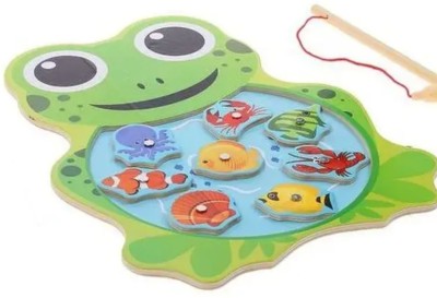 SHALAFI Cartoon Frog Magnetic Fish Rod Games Wooden Fishing Catching Shape Toys Kids(1 Pieces)