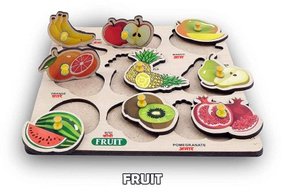 Plus Shine Wooden Fruits Puzzle Toy for Kids with knobs, 9 Different Fruit Shapes with Name(1 Pieces)