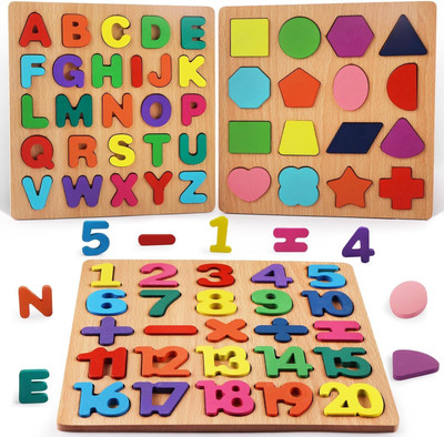 bachpan buzz Kids Colorful Wooden Puzzle Set Featuring 3D Capital Alphabets,Numbers & Shapes(3 Pieces)