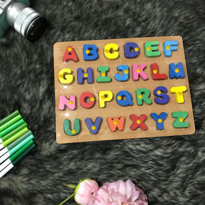 SHALAFI English Alphabet Puzzle Uppercase ABCD Blocks Wooden Learning Toys Puzzle Board(27 Pieces)