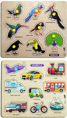 GREST Mini Wooden Vehicles and Birds Puzzle , Educational and Learning Game(2 Pieces)