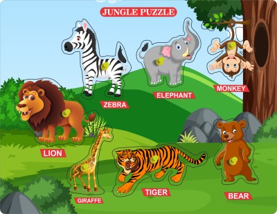 MECDOIT INTERNATIONAL Wooden Puzzle of Wild Animal Name, Image with Original Color for Kids Education(8 Pieces)