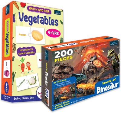 BOOKFORD Exciting Combo Set of 2 Jigsaw Puzzle-World of Dinosaurs & Match & Pair Veg.(248 Pieces)