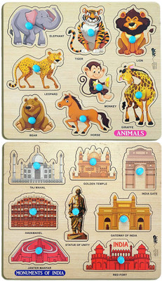 GREST Mini Wooden Animals and Monuments Puzzle with Knobs, Learning Game For Kids(2 Pieces)