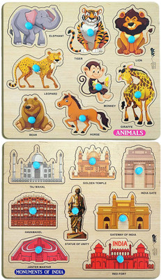 Enorme Mini Wooden Animals and Monuments Puzzle with Knobs Game For Kids(2 Pieces)