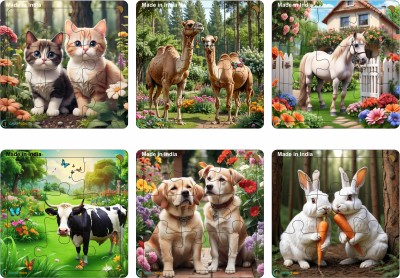 Craftick Wooden Set of 6 Domestic Animal Games Toys Jigsaw Puzzles for Kids Age 2+(54 Pieces)