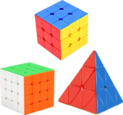 AZEENA High Speed Stickerless Cubes Combo Set 3x3, 4x4 & Pyramid | Kids & Adults rubiks(3 Pieces)