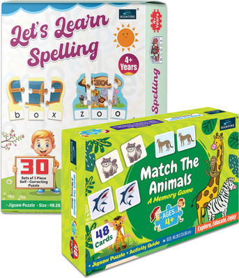BOOKFORD Match the Animal & Let’s Learn Spelling Puzzles for Kids | Set of 2(162 Pieces)
