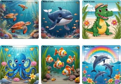 Craftick Wooden Set of 6 Sea Animals Games Toys Jigsaw Puzzles for Kids Age 2 and Above.(54 Pieces)