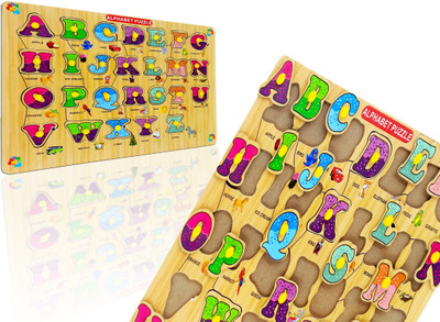 Eduway Educational Premium Wooden Puzzle Toy English Capital Alphabet Tray Set With Knobs Learning English Words for Kids Education(26 Pieces)