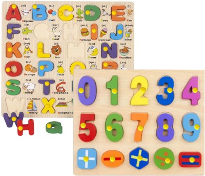 SHALAFI Combo Wooden Alphabets Capital Letter Puzzle Board with Pictures+0-9 Number Toys(2 Pieces)