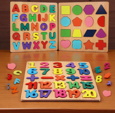VHD Wooden Educational Puzzle Set – Alphabets, Numbers & Shapes for Kids H46(3 Pieces)