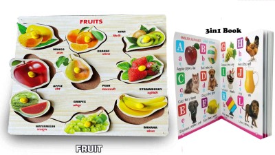 Plus Shine Wooden Educational Fruits Puzzles, Learning Picture Matching Puzzles+3in1 Book(9 Pieces)