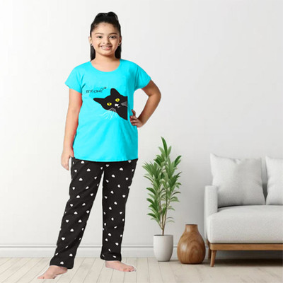 HEYDALS Kids Nightwear Girls Graphic Print Cotton Blend(Blue Pack of 1)