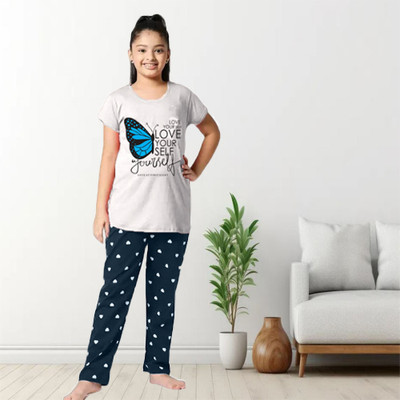 HEYDALS Kids Nightwear Girls Graphic Print Cotton Blend(Grey Pack of 1)