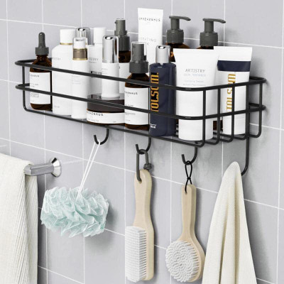 kridha Stainless Steel Iron Coating Self-Adhesive Metal Rack Storage Shelf with 4 Hook Stainless Steel Wall Shelf(Number of Shelves - 1, Black)