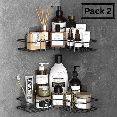 PYORIT Sticker Mounted Bathroom Corner/ Shelf/ Rack/ Storage Organizer Iron Wall Shelf(Number of Shelves - 2, Black)