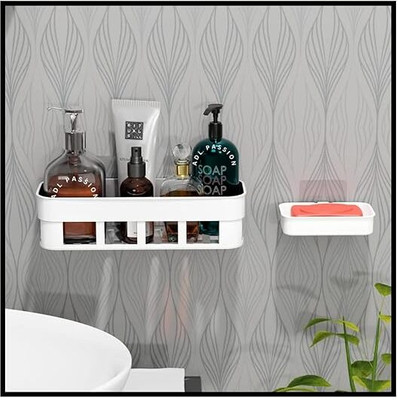 RPTRENDZ 1Pcs Plastic Bathroom Shelves, 1Pcs Soap Dish For Bathroom & Kitchen/pack of 2(White)