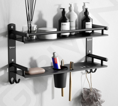 GRIVAN 4 in 1 Matt Finish Bathroom Shelf Racks and Soap Dish with Toothbrush Holder Stainless Steel Wall Shelf(Number of Shelves - 2, Black)