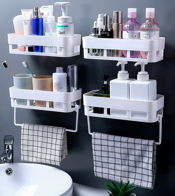 STARLLER MultipurposeWall Mount Bathroom Storage Wall Shelf and Towel Hanger Plastic Wall Shelf(Number of Shelves - 4, White)