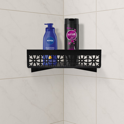 Capital Mart Metal Corner Shelf for Bathroom & Kitchen | Wall Mounted with Designer Cutout Iron Wall Shelf(Number of Shelves - 1, Black)