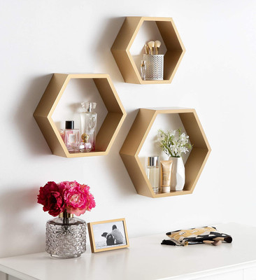 TFS Hexagon Floating Wall Mount Wall Shelf for Home/Living Room Decoration MDF (Medium Density Fiber) Wall Shelf(Number of Shelves - 3, Gold)