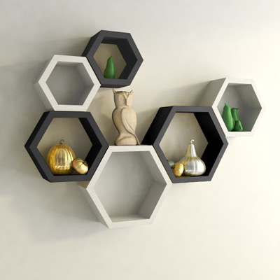 Eco Handicrafts Hexagon Shape Mounted Set Of 6 Rack Shelves/Shelf High Quality Wooden Home Decor Wall Shelf Wooden Wall Shelf (Number of Shelves - 6, WHITE & BLACK ) Wooden Wall Shelf(Number of Shelves - 6, White, Black)