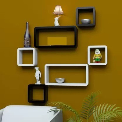 Woodenstories Wooden floating wall mounted set of 6 cube wall shelf MDF (Medium Density Fiber) Wall Shelf(Number of Shelves - 6, White, Black)