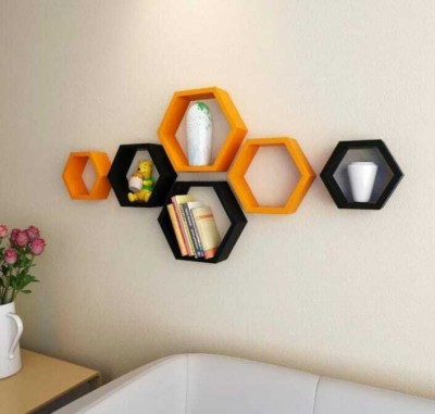 AR Handicrafts Hexagon Shape Wall Shelf for Living Room & Bed Room Floating Wall Shelves Wooden Wall Shelf(Number of Shelves - 6, Black, Orange)