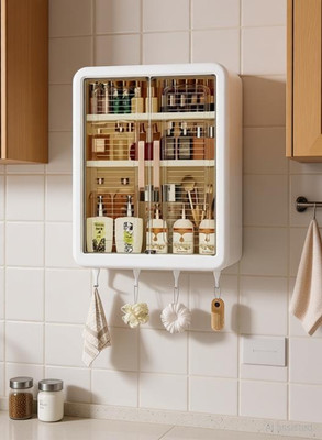 Bhakti Wall-Mounted Self-Adhesive Bathroom & Kitchen Organiser with Doors and Shelves Stainless Steel Wall Shelf(Number of Shelves - 3, White)