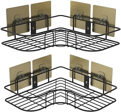 Dwello Wall Mounted Self-Adhesive Bathroom Corner Shelf/KitchenRack & Holder(Pack of 2) Steel Wall Shelf(Number of Shelves - 1, Black)
