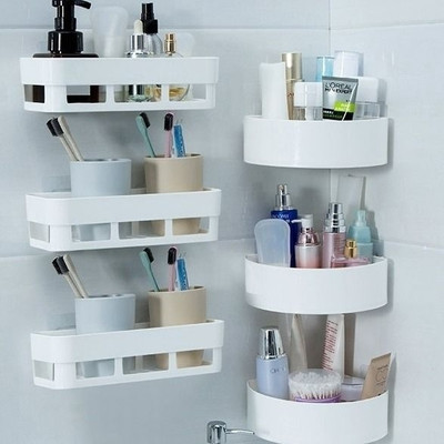 Qrex Pack of 6 ABS Plastic Hanging Multipurpose Home Kitchen Bathroom Accessories Traceless Wall Holder Decor Items Storage Shower Caddies Rack Shelf and Round Corner Kitchen Bathroom Shelf with Strong Adhesive Sticker (3 Bathroom Shelves + 3 Corner Triangle Shelves) Plastic Wall Shelf(Number of She