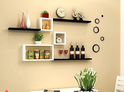 Hubwooden Wooden Cube & Floating Wall Shelves Wooden Wall Shelf(Number of Shelves - 6, Black, White)