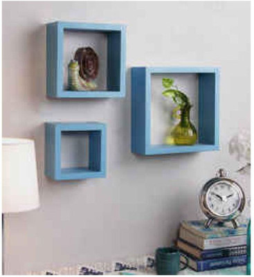 T M A TRADER Wall Mounted Round Edge Square Cube Wall Shelf for Living Room Home Decoration MDF (Medium Density Fiber) Wall Shelf(Number of Shelves - 3, Blue)