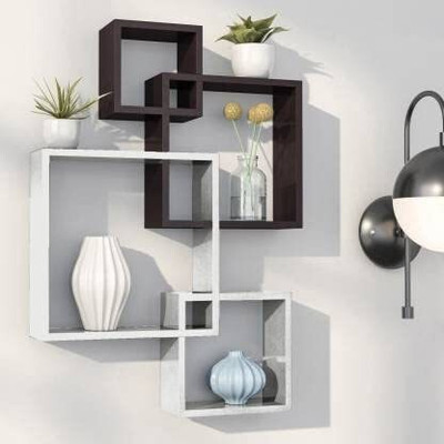 MDSWool Wall Shelf Intersecting shelf Wall Hanging Mounted Shelf Set of 4 MDF (Medium Density Fiber) Wall Shelf(Number of Shelves - 4, White, Black)
