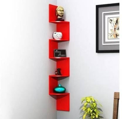 Wold Export Wall shelf Zig zeg shelves corner rack shelf Wooden Wall Shelf(Number of Shelves - 5, Red)