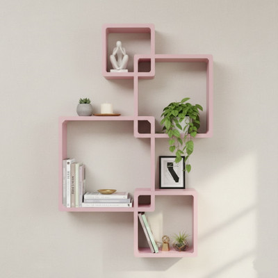 Diamond Handicraft Wooden Wall Shelf, 4-Cube Decorative Floating Display Rack Wooden Wall Shelf(Number of Shelves - 4, Pink)