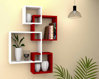 UNIQUE CRAFT HOUSE MDF Intersecting Wall Shelf (Set Of 4) For Home and Living Decor - Red & White MDF (Medium Density Fiber), Wooden Wall Shelf(Number of Shelves - 4, Red, White)
