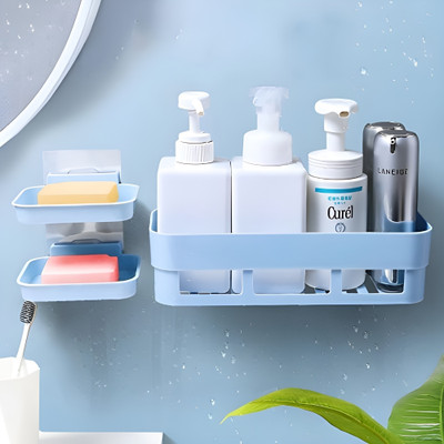 Hirsha Bathroom Shelf for Wall, Self-Adhesive Bathroom Organiser with Towel Holder Plastic Wall Shelf(Number of Shelves - 1, Blue)