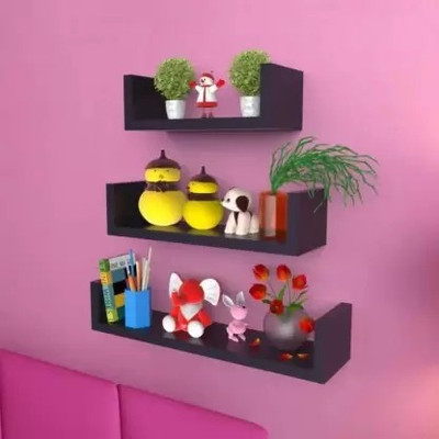 Crownista U Rack MDF (Medium Density Fiber) Wooden Wall Shelf(Number of Shelves - 3, Black)