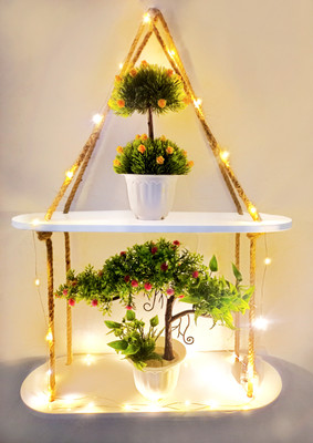 Khush Its Amazing Rectangle Oval White 2 Layer Shelf With LED Light Wooden Wall Shelf(Number of Shelves - 2, White)