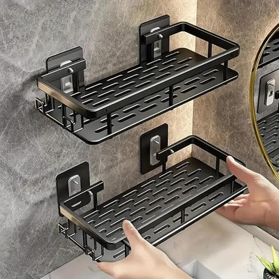 AKOOPAR GLOBAL Bathroom Wall Shelf Organizer 30cm Black Adhesive Storage Rack with Kit (2 Pc) Plastic, Steel Wall Shelf(Number of Shelves - 2, Black)