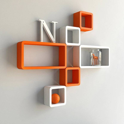 Maaz Handicrafts Cube Shape Wall Shelves Set Of 6 Modern Rectangle MDF (Medium Density Fiber) Wall Shelf(Number of Shelves - 6, White, Orange)