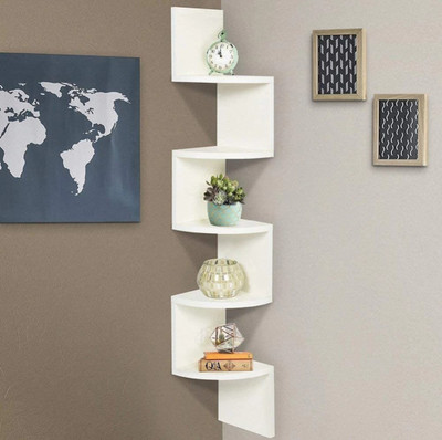 Sculpture Zigzag Shape Corner Wooden Wall Shelf for Multi Purpose MDF (Medium Density Fiber) Wall Shelf(Number of Shelves - 5, Brown, Black, White)