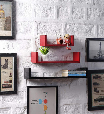 Famous Art U Rack Floating Wall Shelf (Set Of 3), Decorative Wall Shelf MDF (Medium Density Fiber) Wall Shelf(Number of Shelves - 3, Red, Black)